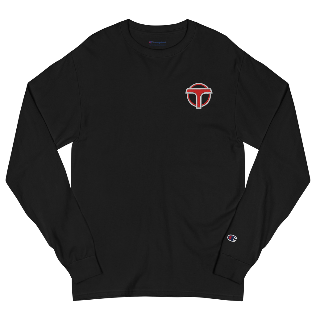Black lightweight, 100% cotton luxury Champion© shirt featuring airport shuttle emblem embroidered in the top right corner. Item is a BRKDrip Builder's Collection luxury longsleeve shirt with a classic town building block aesthetic.