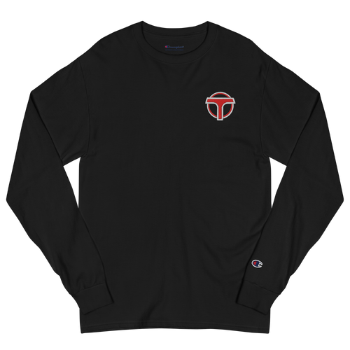 Black lightweight, 100% cotton luxury Champion© shirt featuring airport shuttle emblem embroidered in the top right corner. Item is a BRKDrip Builder's Collection luxury longsleeve shirt with a classic town building block aesthetic.