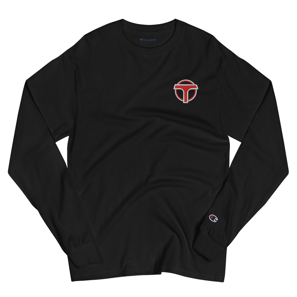 Wrinkled black lightweight, 100% cotton luxury Champion© shirt featuring airport shuttle emblem embroidered in the top right corner. Item is a BRKDrip Builder's Collection luxury longsleeve shirt with a classic town building block aesthetic.