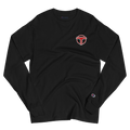 Wrinkled black lightweight, 100% cotton luxury Champion© shirt featuring airport shuttle emblem embroidered in the top right corner. Item is a BRKDrip Builder's Collection luxury longsleeve shirt with a classic town building block aesthetic.