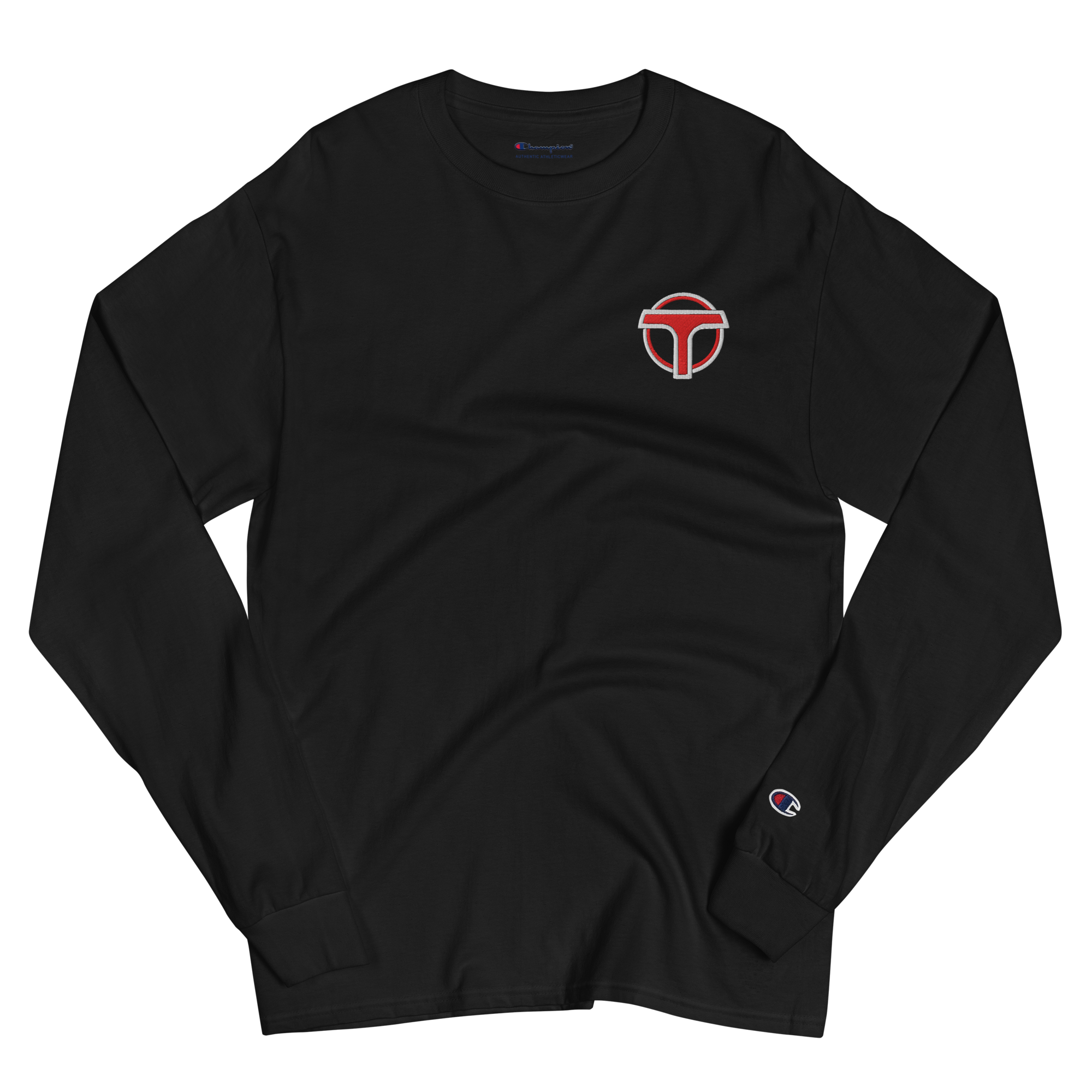 Wrinkled black lightweight, 100% cotton luxury Champion© shirt featuring airport shuttle emblem embroidered in the top right corner. Item is a BRKDrip Builder's Collection luxury longsleeve shirt with a classic town building block aesthetic.