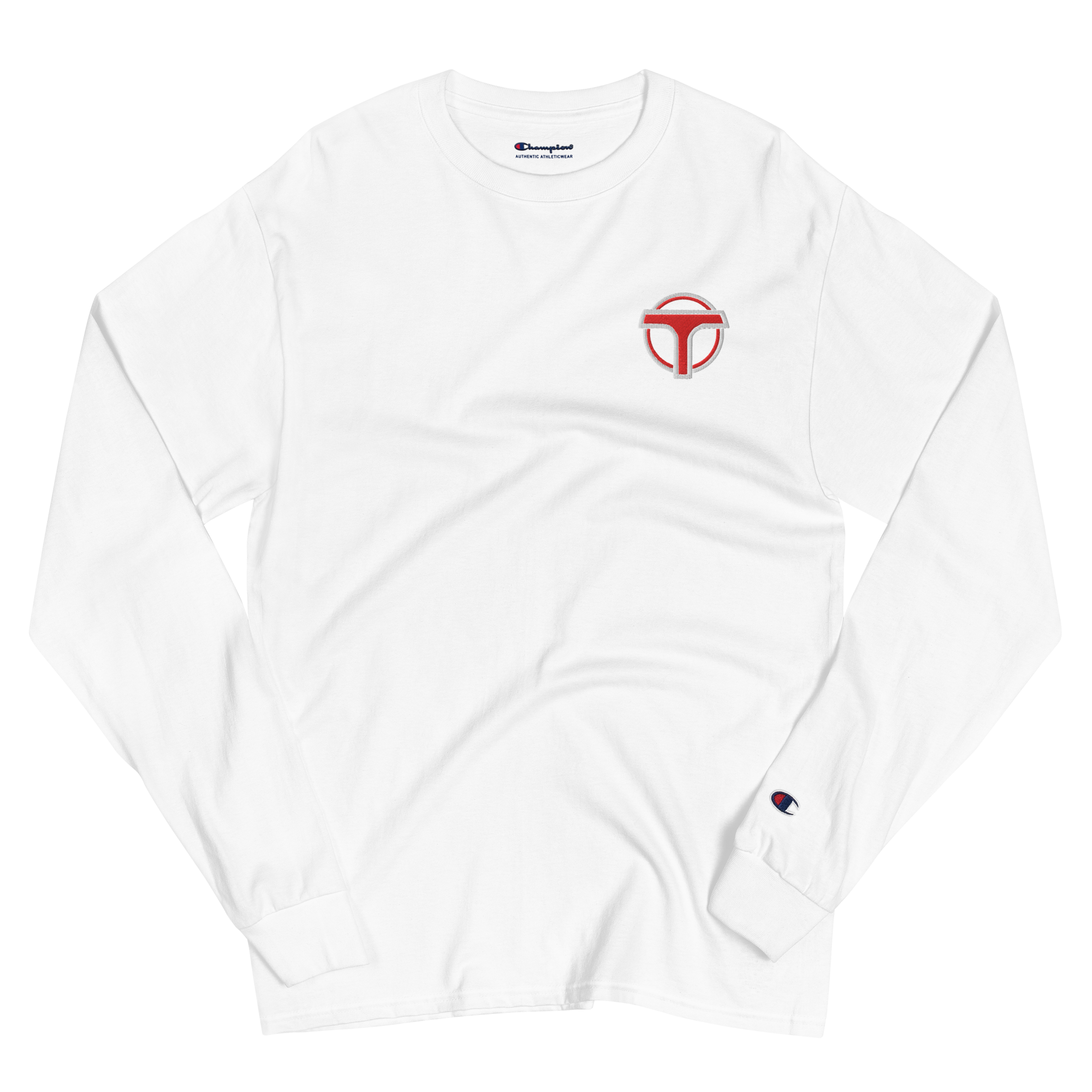 Wrinkled white lightweight, 100% cotton luxury Champion© shirt featuring airport shuttle emblem embroidered in the top right corner. Item is a BRKDrip Builder's Collection luxury longsleeve shirt with a classic town building block aesthetic.
