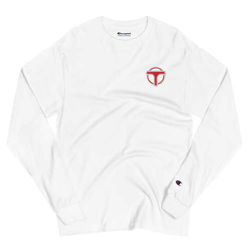 Wrinkled white lightweight, 100% cotton luxury Champion© shirt featuring airport shuttle emblem embroidered in the top right corner. Item is a BRKDrip Builder's Collection luxury longsleeve shirt with a classic town building block aesthetic.
