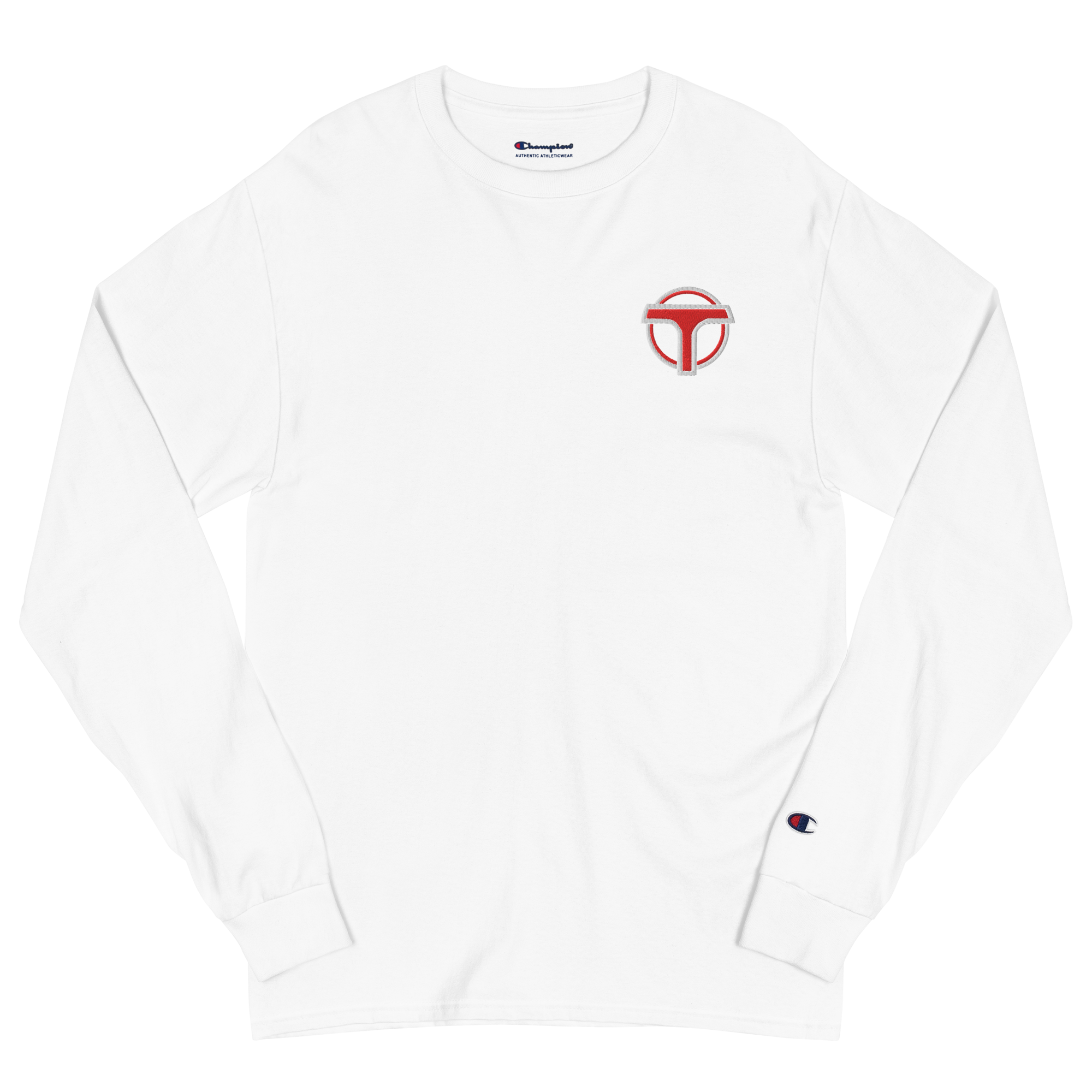 White lightweight, 100% cotton luxury Champion© shirt featuring airport shuttle emblem embroidered in the top right corner. Item is a BRKDrip Builder's Collection luxury longsleeve shirt with a classic town building block aesthetic.