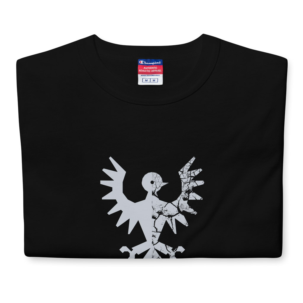 Folded black heavyweight, 100% cotton luxury Champion© t-shirt featuring aged falcon emblem and text "EST. 1984" indicating the year the faction was first introduced to the brick universe. Item is a BRKDrip Heritage Collection luxury shirt with a vintage castle building block aesthetic.