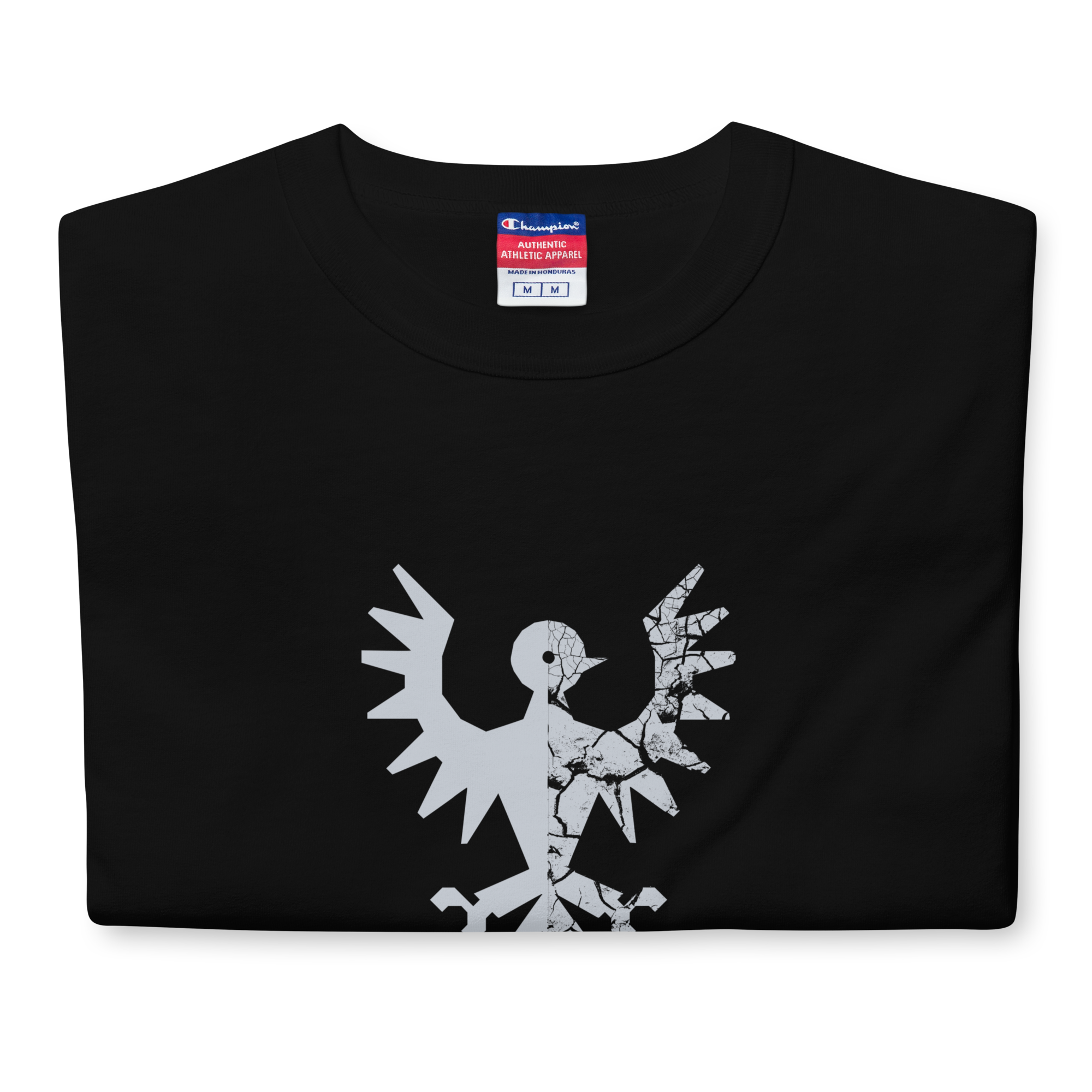 Folded black heavyweight, 100% cotton luxury Champion© t-shirt featuring aged falcon emblem and text "EST. 1984" indicating the year the faction was first introduced to the brick universe. Item is a BRKDrip Heritage Collection luxury shirt with a vintage castle building block aesthetic.