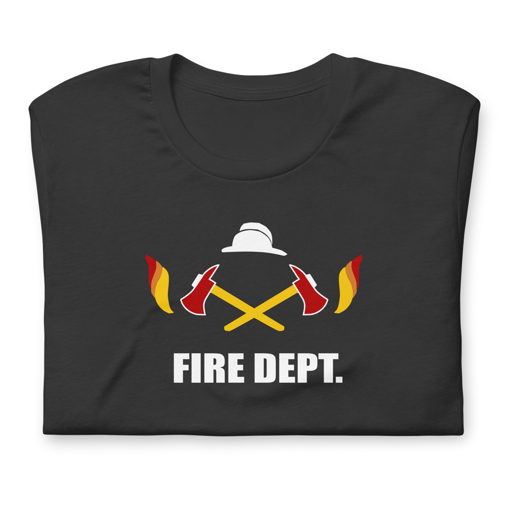 Folded dark grey blue 100% airlume cotton t-shirt featuring OG crossed axes brick city fire department logo design. Item is a BRKDrip AFOL essentials shirt with a vintage town building block aesthetic.