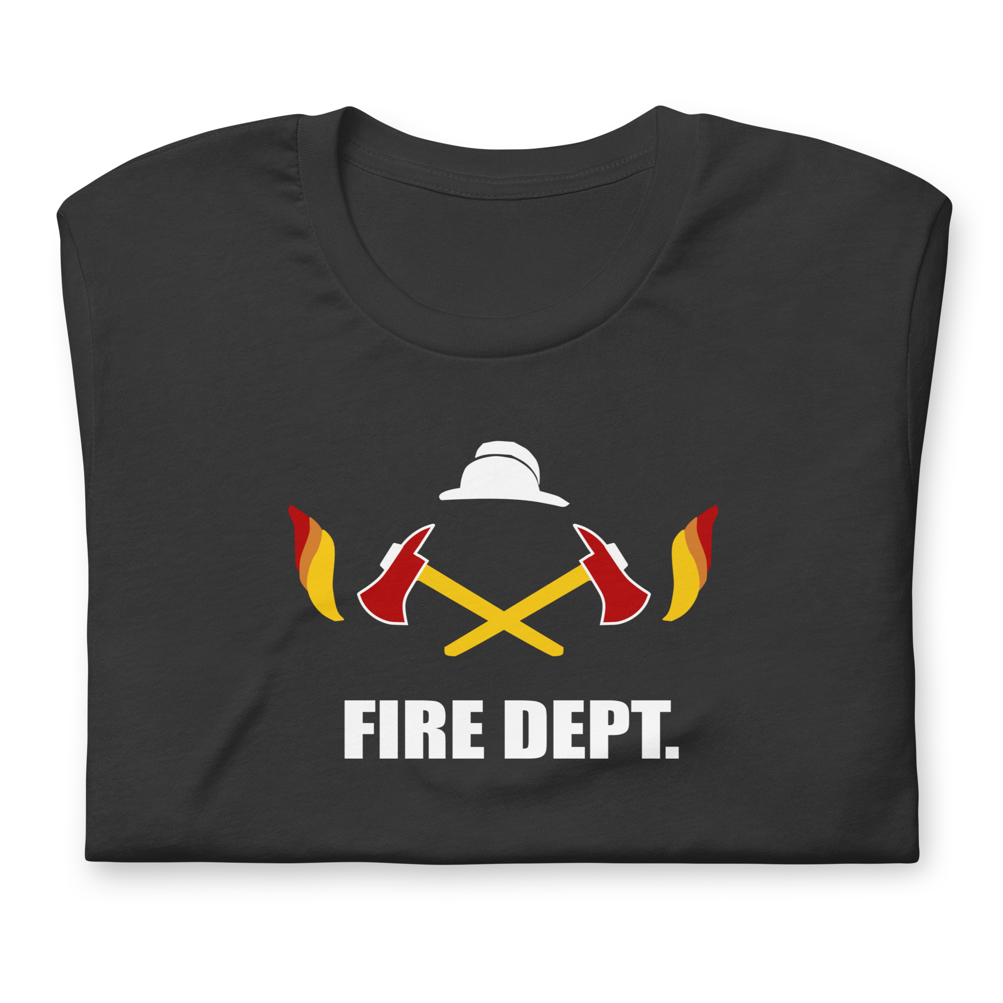 Folded dark grey blue 100% airlume cotton t-shirt featuring OG crossed axes brick city fire department logo design. Item is a BRKDrip AFOL essentials shirt with a vintage town building block aesthetic.