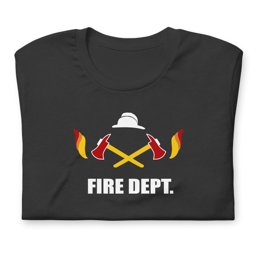 Folded dark grey blue 100% airlume cotton t-shirt featuring OG crossed axes brick city fire department logo design. Item is a BRKDrip AFOL essentials shirt with a vintage town building block aesthetic.