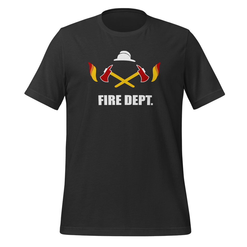 Dark grey 100% airlume cotton t-shirt featuring OG crossed axes brick city fire department logo design. Item is a BRKDrip AFOL essentials shirt with a vintage town building block aesthetic.