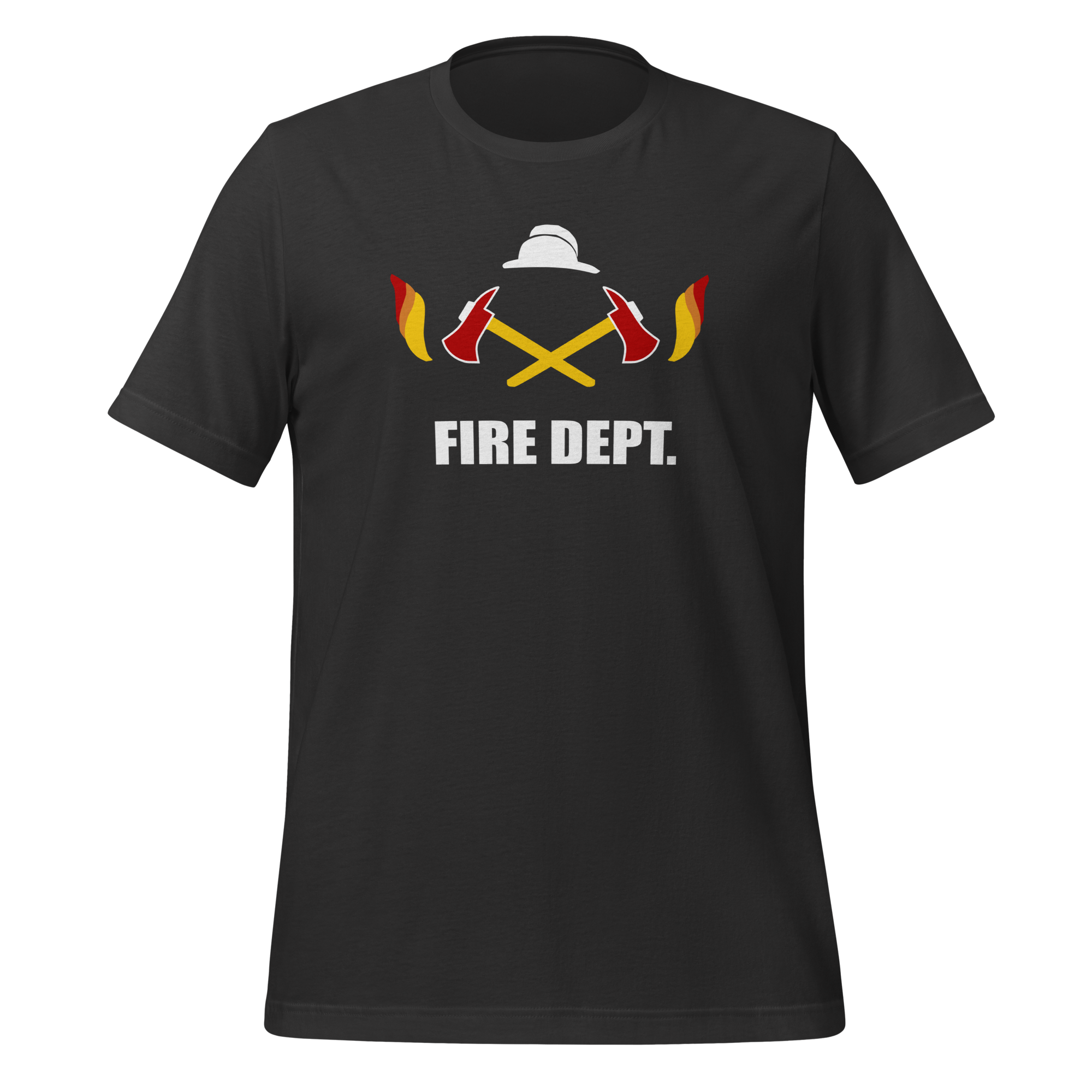 Dark grey 100% airlume cotton t-shirt featuring OG crossed axes brick city fire department logo design. Item is a BRKDrip AFOL essentials shirt with a vintage town building block aesthetic.
