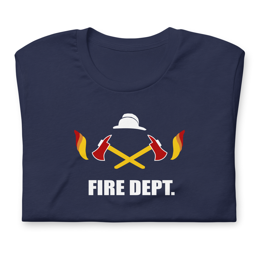 Folded navy blue 100% airlume cotton t-shirt featuring OG crossed axes brick city fire department logo design. Item is a BRKDrip AFOL essentials shirt with a vintage town building block aesthetic.
