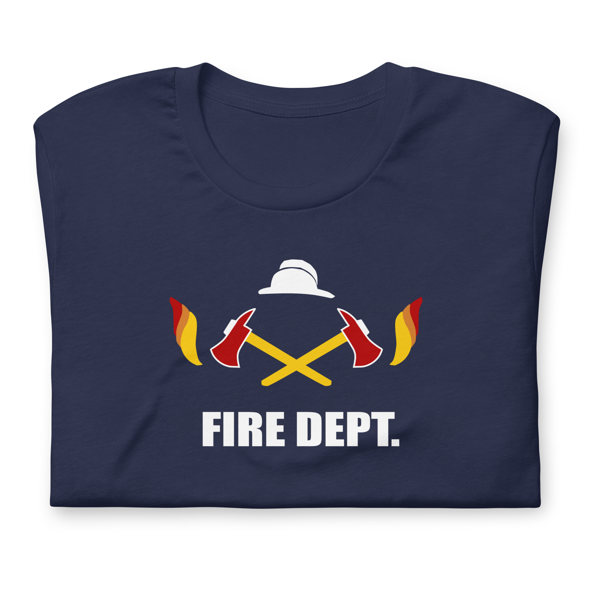 Folded navy blue 100% airlume cotton t-shirt featuring OG crossed axes brick city fire department logo design. Item is a BRKDrip AFOL essentials shirt with a vintage town building block aesthetic.