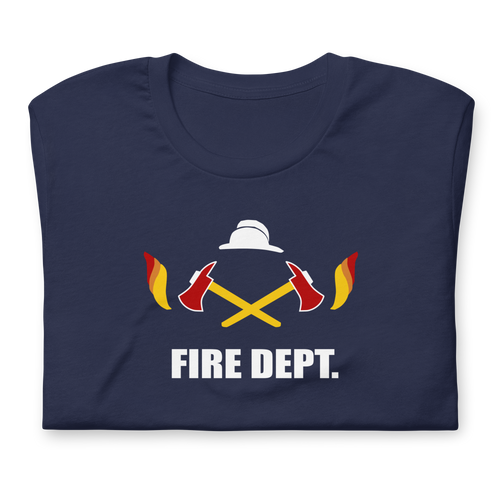 Folded navy blue 100% airlume cotton t-shirt featuring OG crossed axes brick city fire department logo design. Item is a BRKDrip AFOL essentials shirt with a vintage town building block aesthetic.
