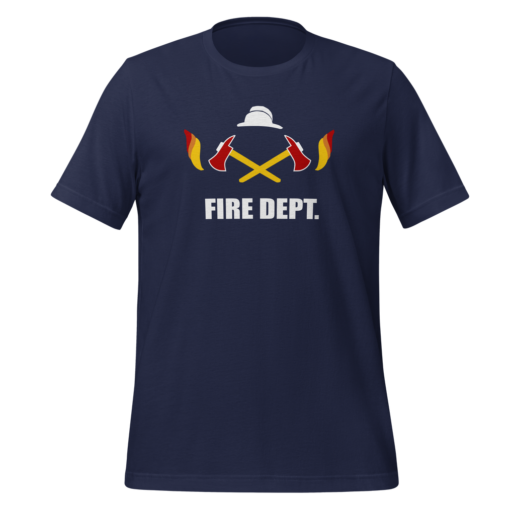 Navy blue 100% airlume cotton t-shirt featuring OG crossed axes brick city fire department logo design. Item is a BRKDrip AFOL essentials shirt with a vintage town building block aesthetic.