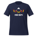 Navy blue 100% airlume cotton t-shirt featuring OG crossed axes brick city fire department logo design. Item is a BRKDrip AFOL essentials shirt with a vintage town building block aesthetic.
