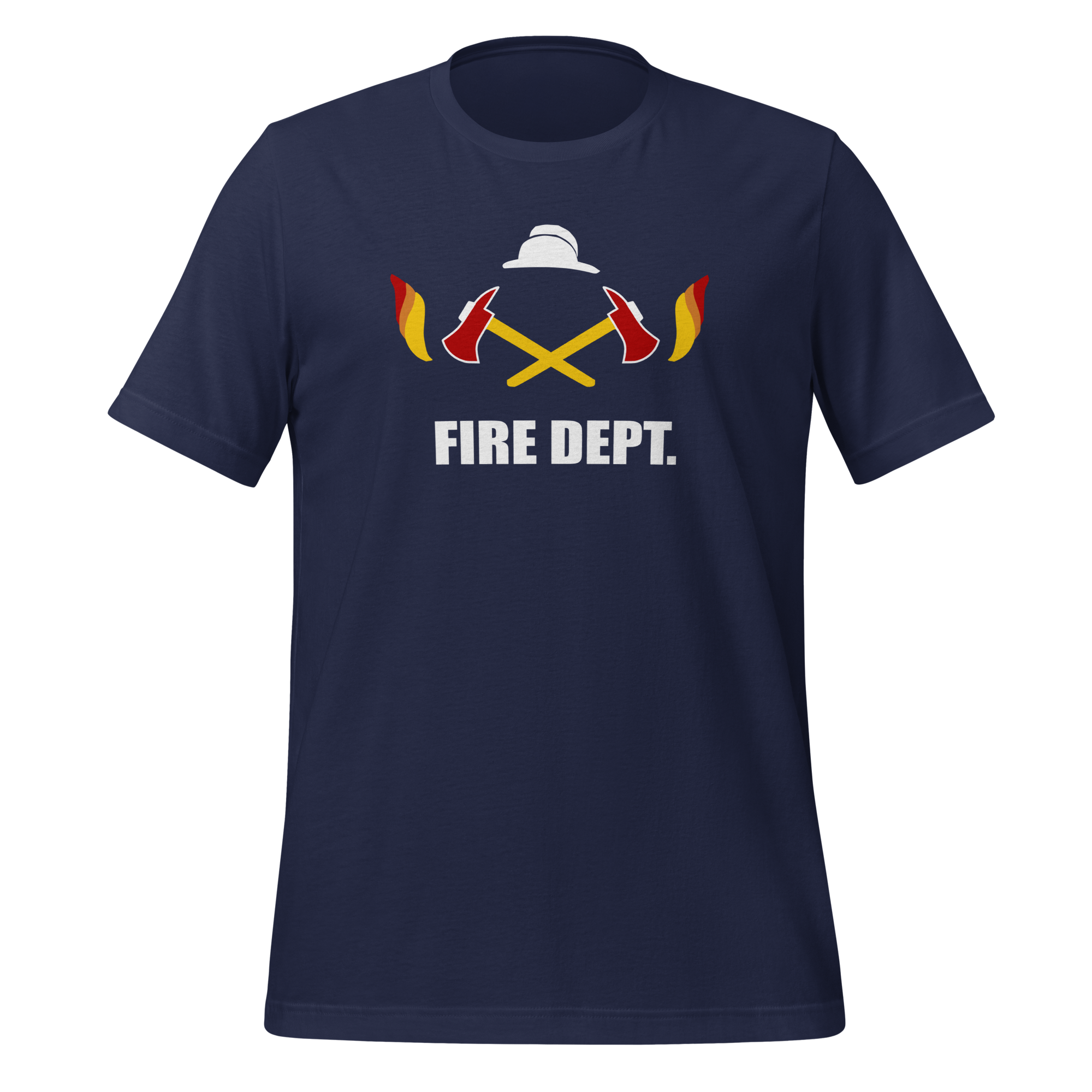 Navy blue 100% airlume cotton t-shirt featuring OG crossed axes brick city fire department logo design. Item is a BRKDrip AFOL essentials shirt with a vintage town building block aesthetic.