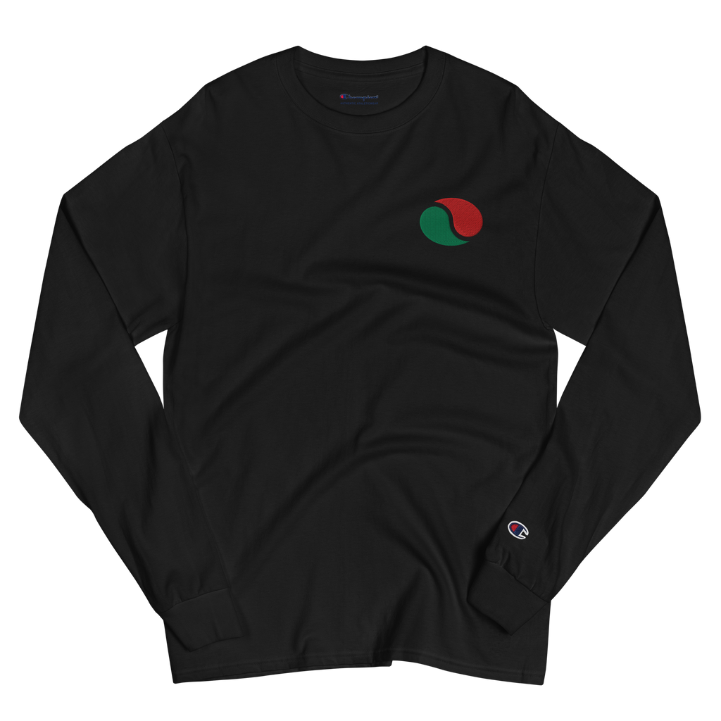 Wrinkled black lightweight, 100% cotton luxury Champion© shirt featuring brick city gas emblem embroidered in the top right corner. Item is a BRKDrip Builder's Collection luxury longsleeve shirt with a classic town building block aesthetic.