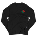 Wrinkled black lightweight, 100% cotton luxury Champion© shirt featuring brick city gas emblem embroidered in the top right corner. Item is a BRKDrip Builder's Collection luxury longsleeve shirt with a classic town building block aesthetic.