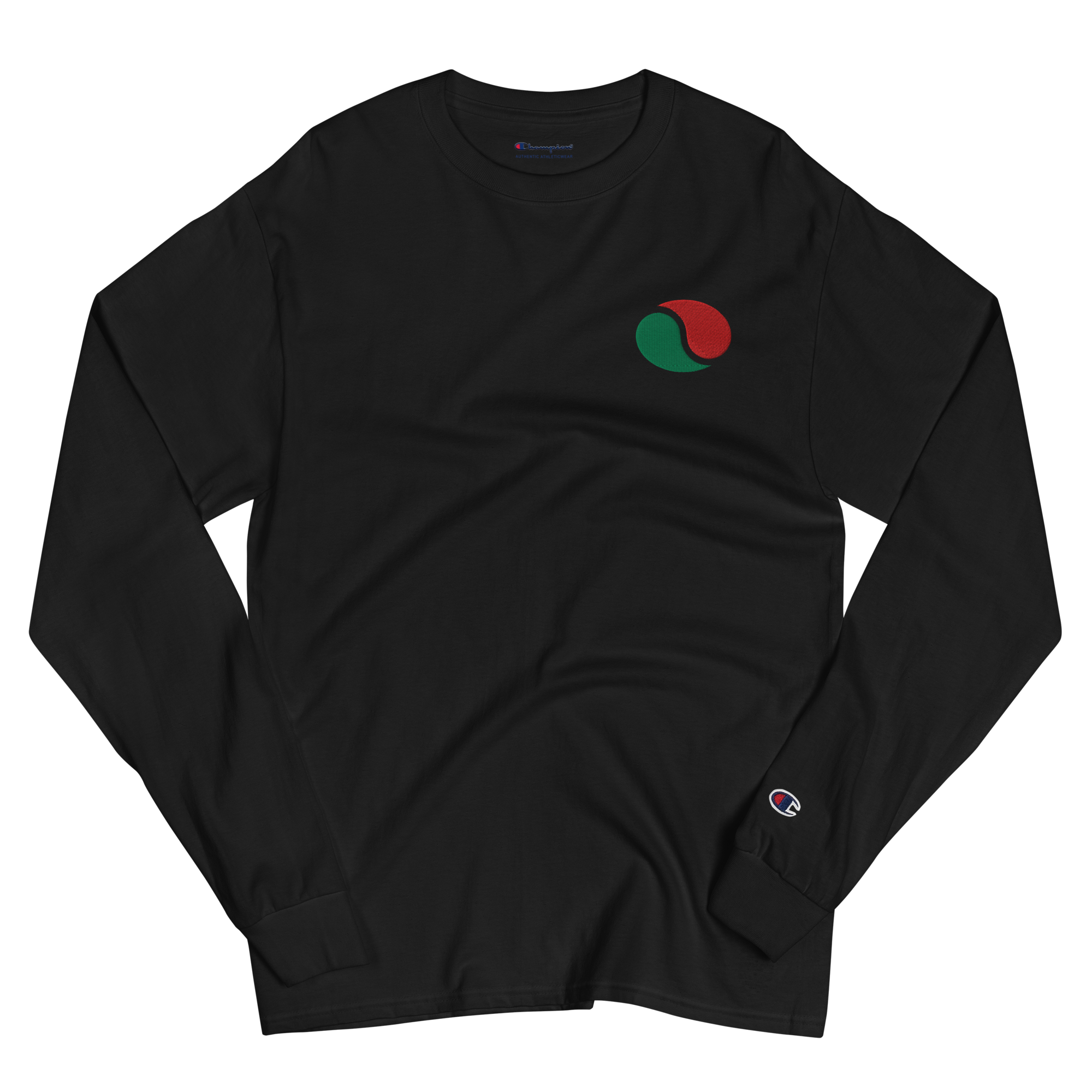 Wrinkled black lightweight, 100% cotton luxury Champion© shirt featuring brick city gas emblem embroidered in the top right corner. Item is a BRKDrip Builder's Collection luxury longsleeve shirt with a classic town building block aesthetic.