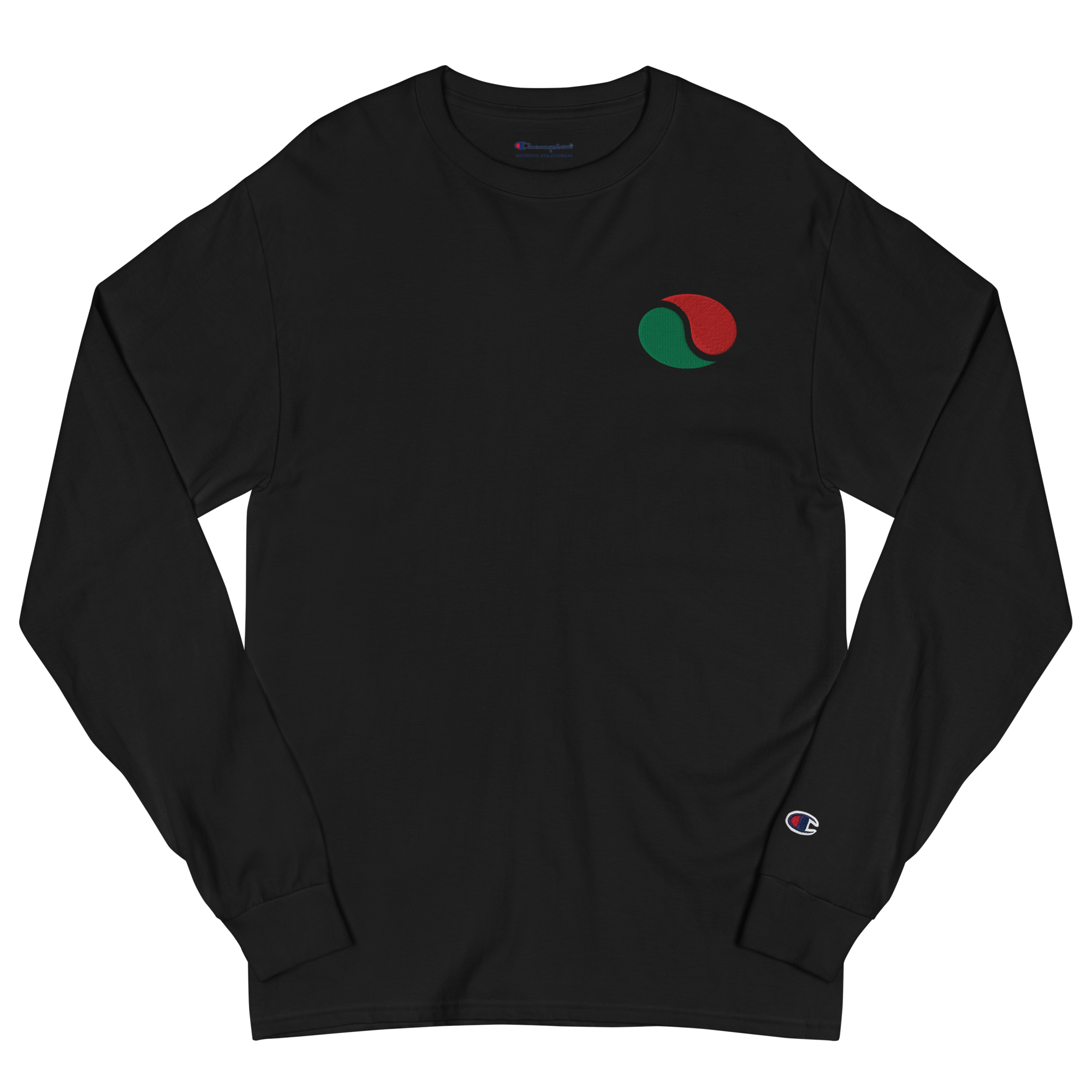 Black lightweight, 100% cotton luxury Champion© shirt featuring brick city gas emblem embroidered in the top right corner. Item is a BRKDrip Builder's Collection luxury longsleeve shirt with a classic town building block aesthetic.