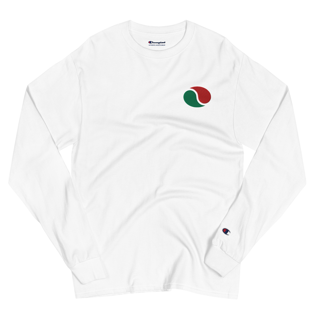 Wrinkled white lightweight, 100% cotton luxury Champion© shirt featuring brick city gas emblem embroidered in the top right corner. Item is a BRKDrip Builder's Collection luxury longsleeve shirt with a classic town building block aesthetic.
