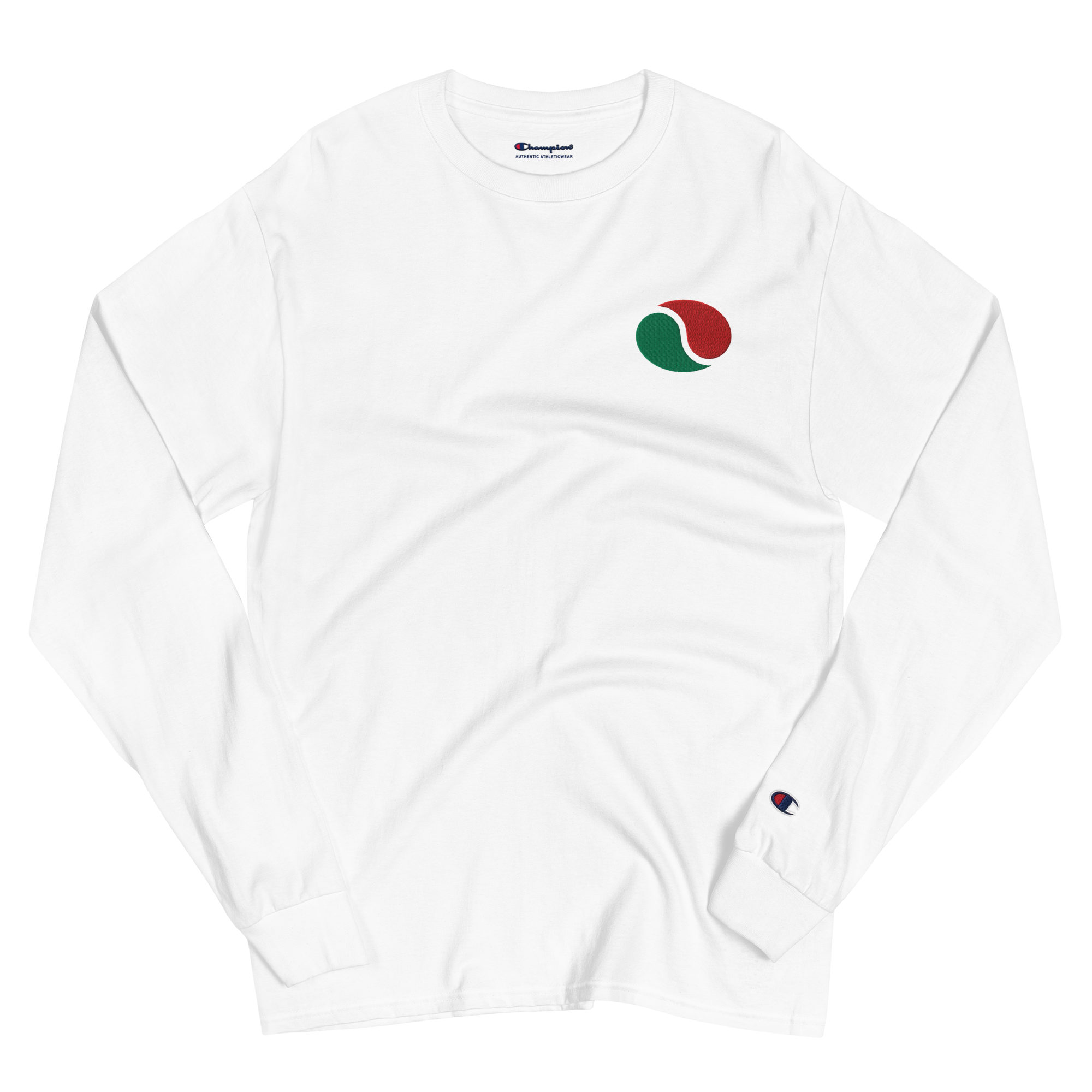 Wrinkled white lightweight, 100% cotton luxury Champion© shirt featuring brick city gas emblem embroidered in the top right corner. Item is a BRKDrip Builder's Collection luxury longsleeve shirt with a classic town building block aesthetic.