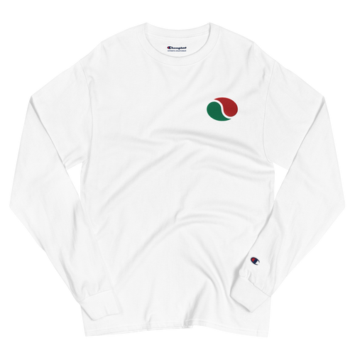 Wrinkled white lightweight, 100% cotton luxury Champion© shirt featuring brick city gas emblem embroidered in the top right corner. Item is a BRKDrip Builder's Collection luxury longsleeve shirt with a classic town building block aesthetic.