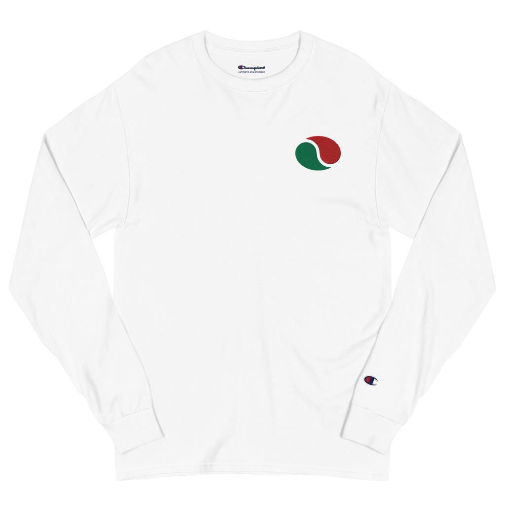 White lightweight, 100% cotton luxury Champion© shirt featuring brick city gas emblem embroidered in the top right corner. Item is a BRKDrip Builder's Collection luxury longsleeve shirt with a classic town building block aesthetic.