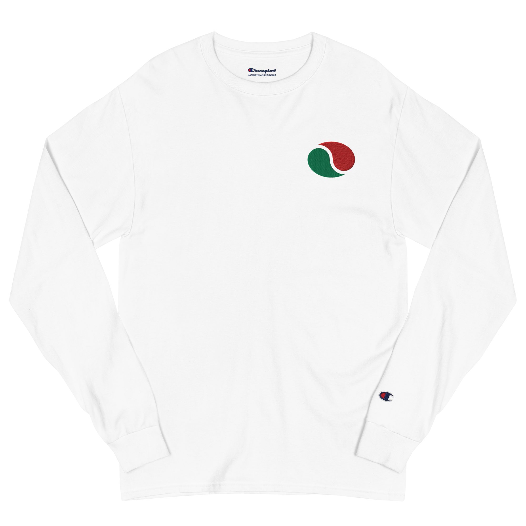 White lightweight, 100% cotton luxury Champion© shirt featuring brick city gas emblem embroidered in the top right corner. Item is a BRKDrip Builder's Collection luxury longsleeve shirt with a classic town building block aesthetic.