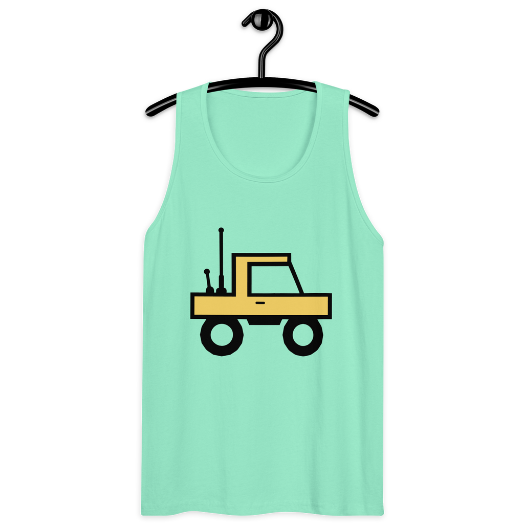 Mint 100% airlume cotton t-shirt featuring classic fan-made orange/yellow brick trucker with dual antenna design. Item is a BRKDrip premium summer wear tank top with a classic town building blocks aesthetic.
