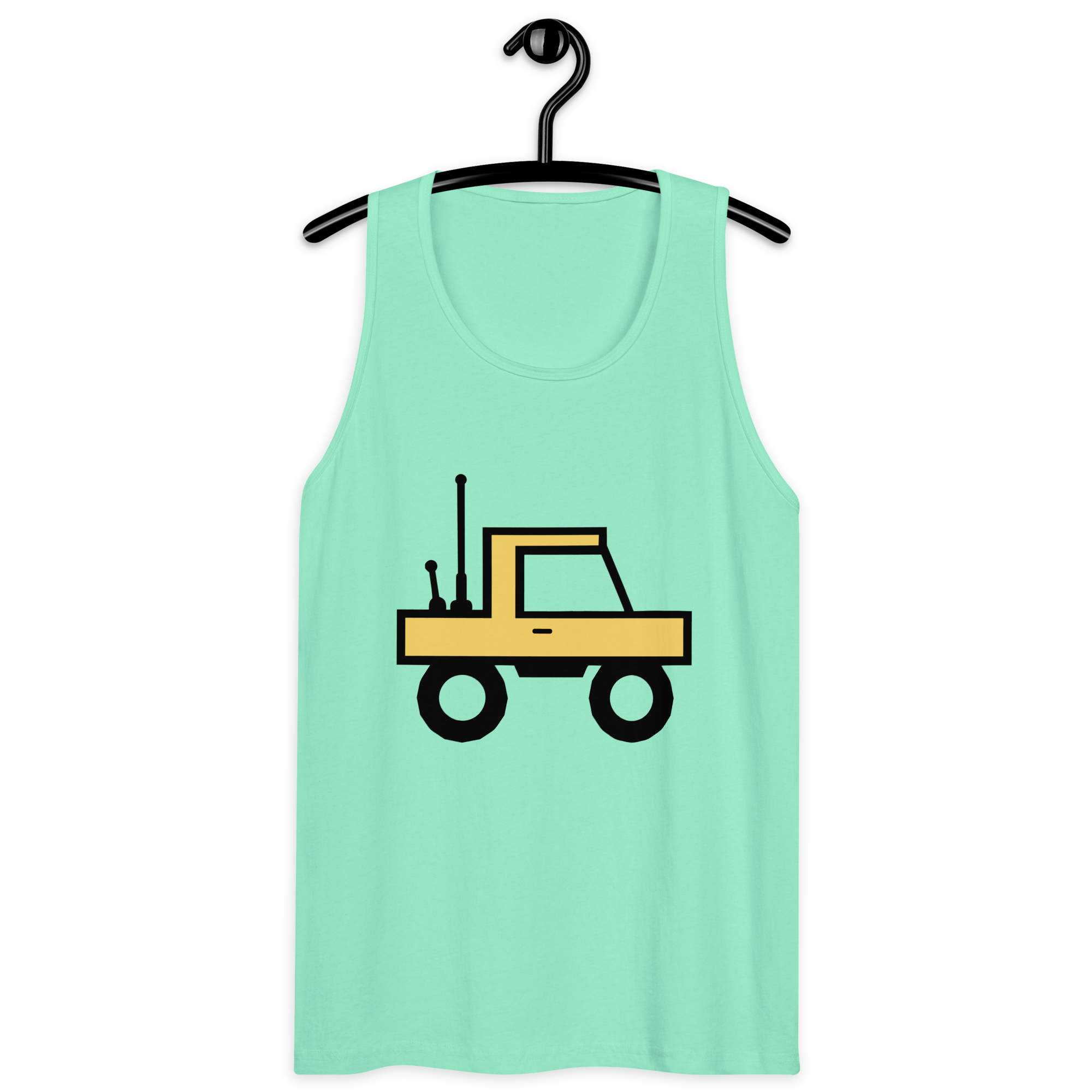 Mint 100% airlume cotton t-shirt featuring classic fan-made orange/yellow brick trucker with dual antenna design. Item is a BRKDrip premium summer wear tank top with a classic town building blocks aesthetic.
