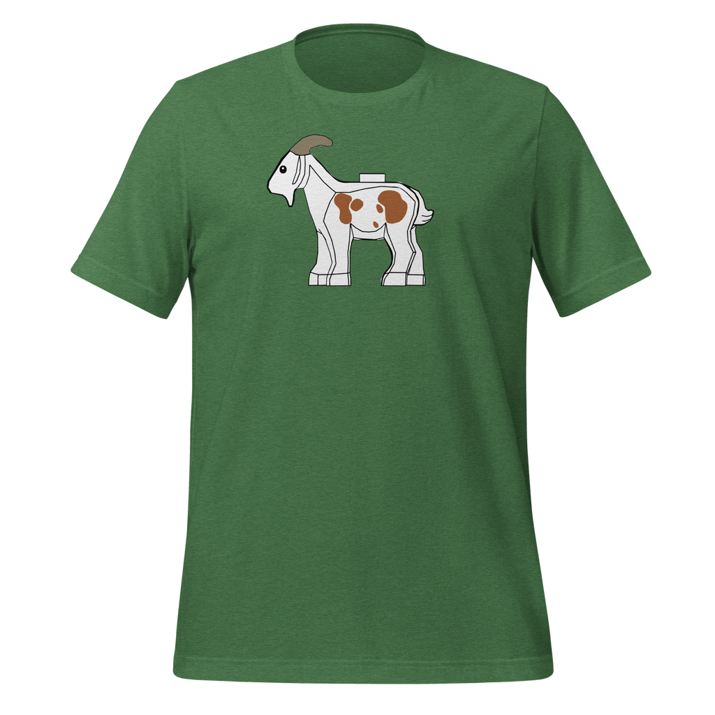 Heather green 100% airlume cotton t-shirt featuring classic fan-made original-style white brick goat with brown spots. Item is a BRKDrip AFOL essentials shirt with a vintage castle building blocks aesthetic.