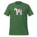 Heather green 100% airlume cotton t-shirt featuring classic fan-made original-style white brick goat with brown spots. Item is a BRKDrip AFOL essentials shirt with a vintage castle building blocks aesthetic.