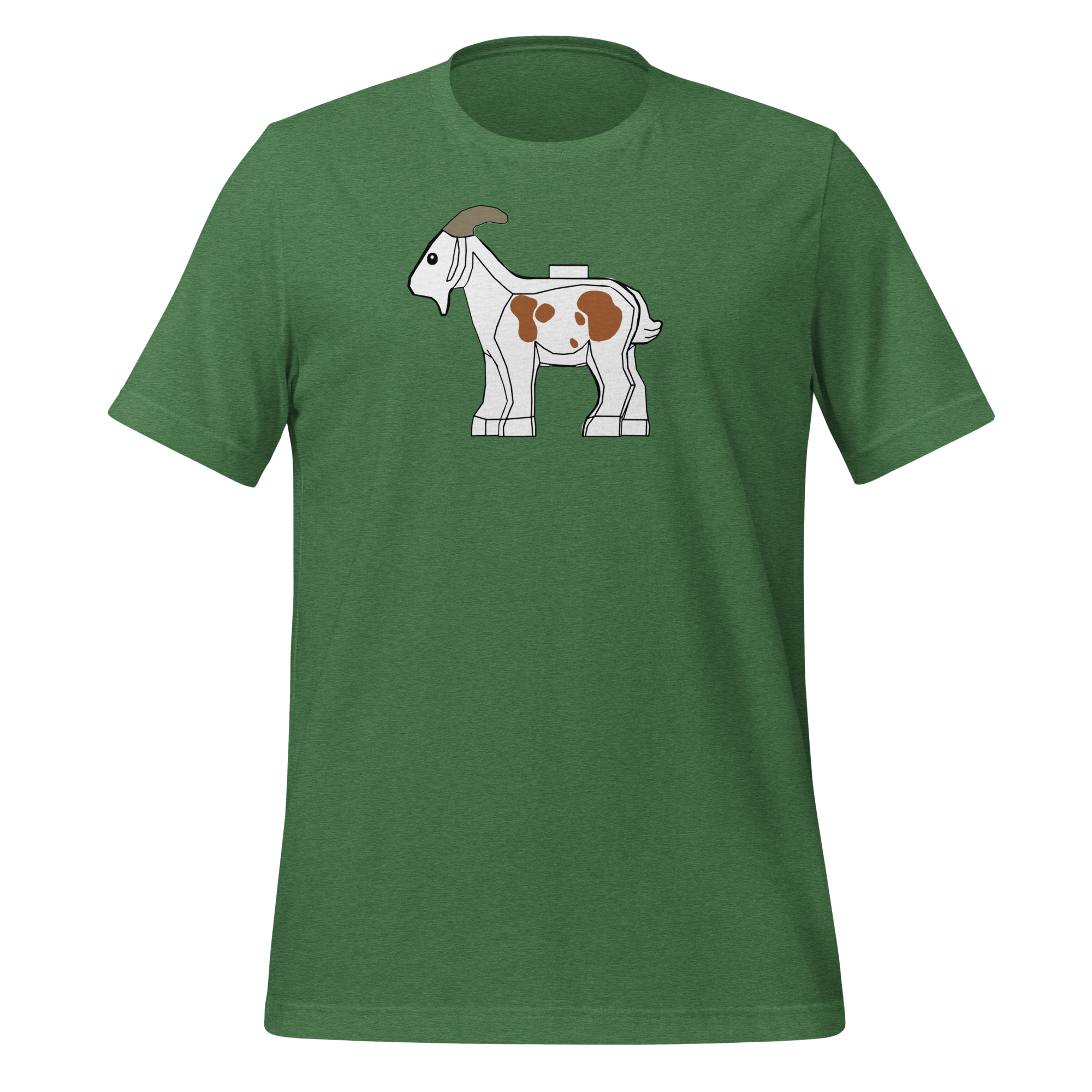 Heather green 100% airlume cotton t-shirt featuring classic fan-made original-style white brick goat with brown spots. Item is a BRKDrip AFOL essentials shirt with a vintage castle building blocks aesthetic.