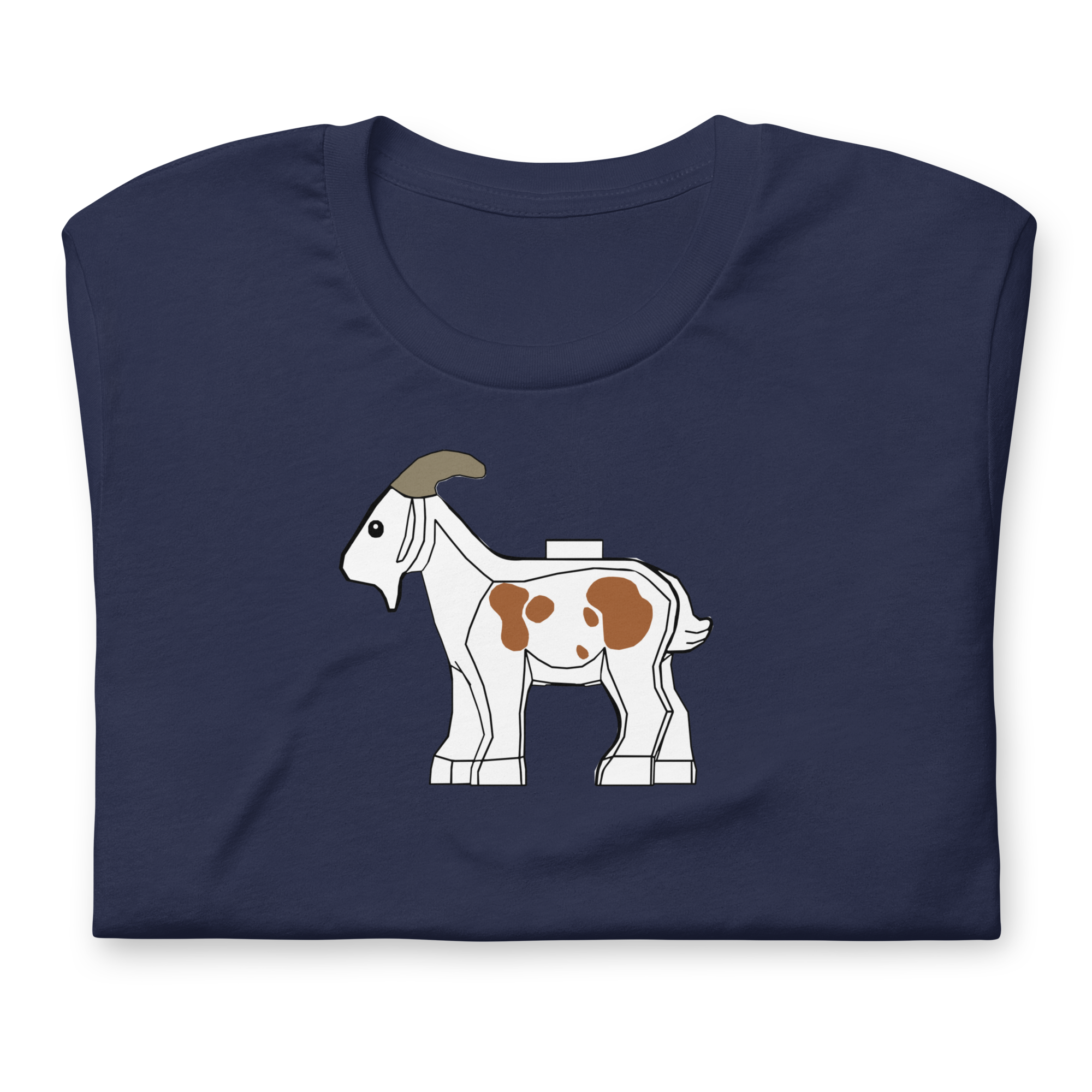 Folded navy blue 100% airlume cotton t-shirt featuring classic fan-made original-style white brick goat with brown spots. Item is a BRKDrip AFOL essentials shirt with a vintage castle building blocks aesthetic.