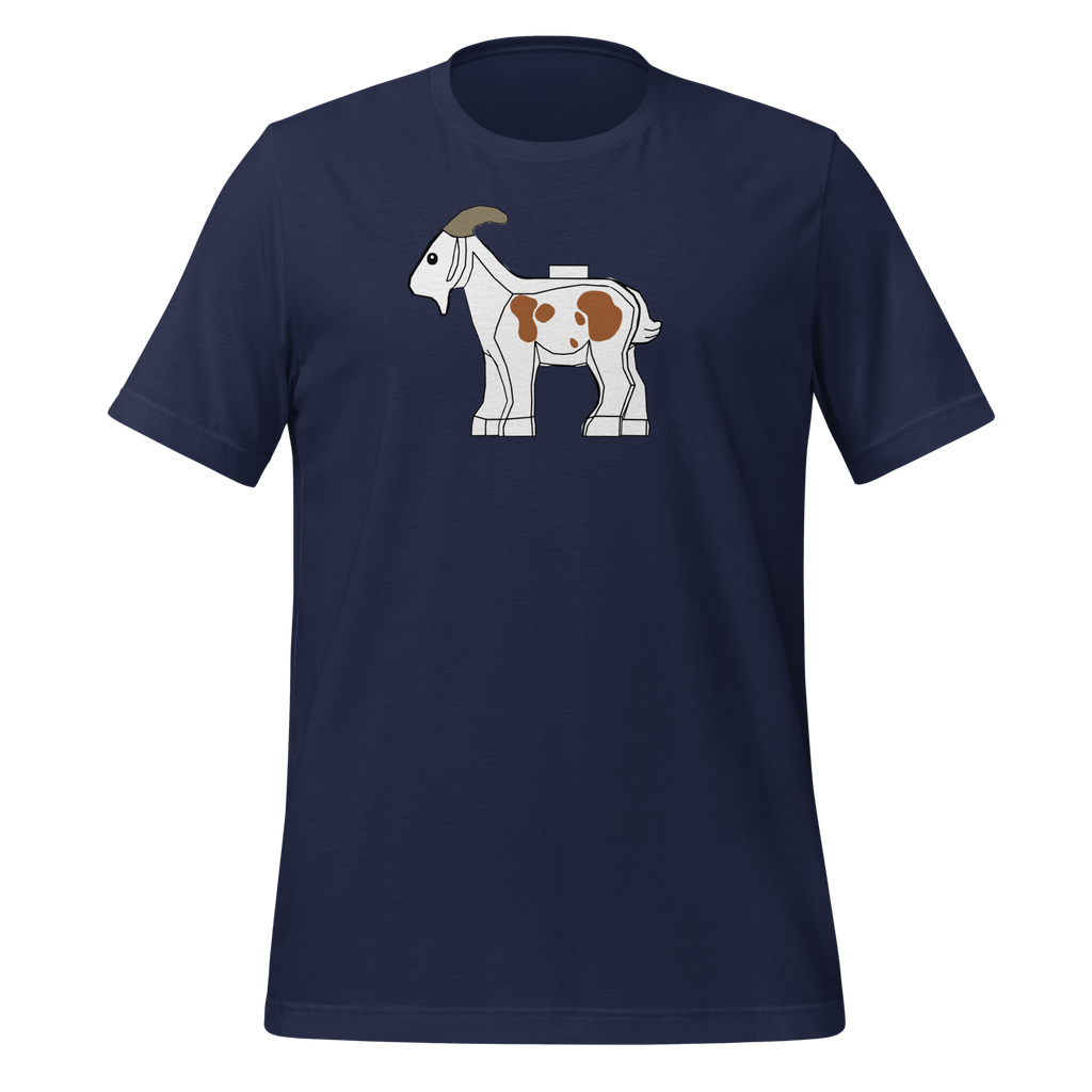 Navy blue 100% airlume cotton t-shirt featuring classic fan-made original-style white brick goat with brown spots. Item is a BRKDrip AFOL essentials shirt with a vintage castle building blocks aesthetic.
