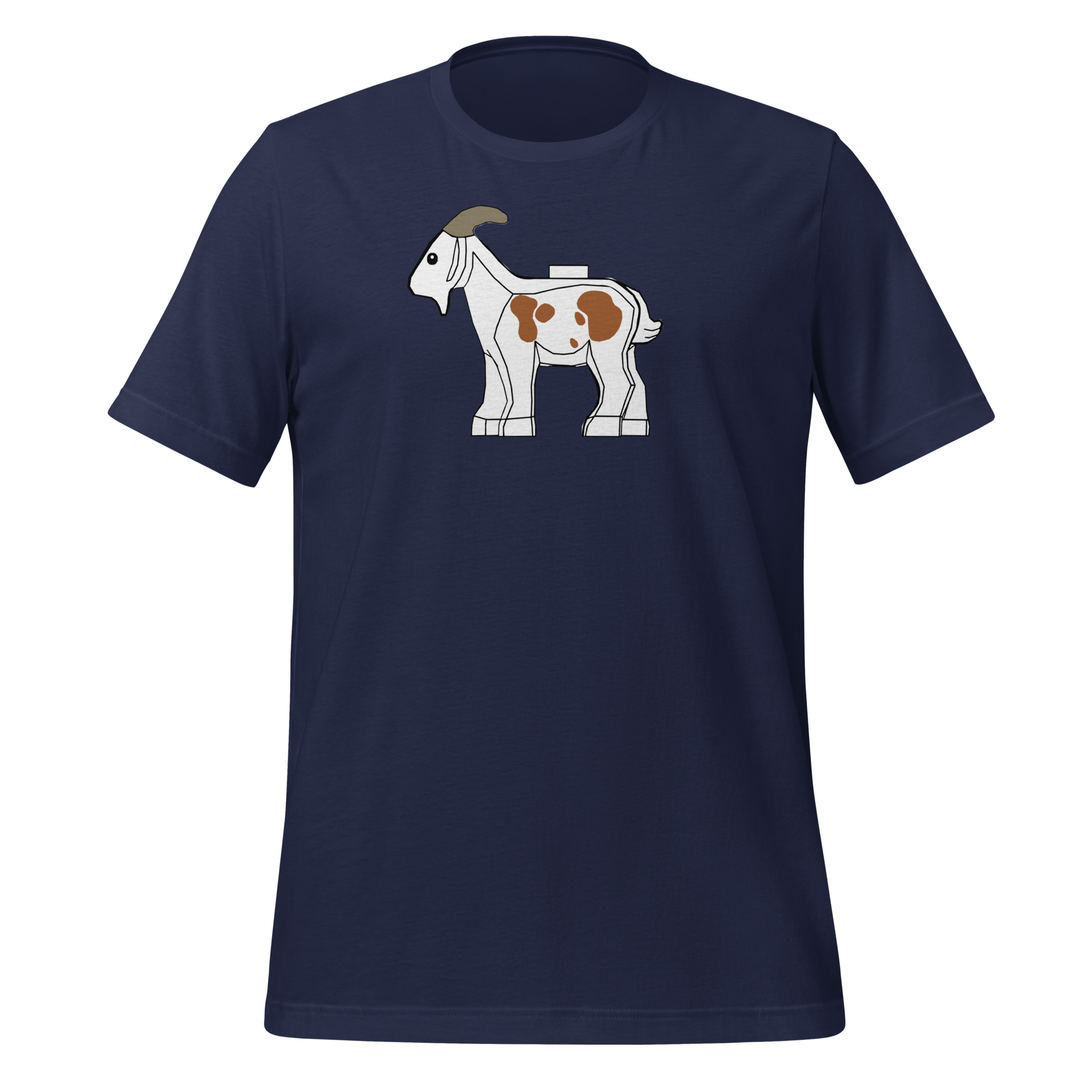 Navy blue 100% airlume cotton t-shirt featuring classic fan-made original-style white brick goat with brown spots. Item is a BRKDrip AFOL essentials shirt with a vintage castle building blocks aesthetic.