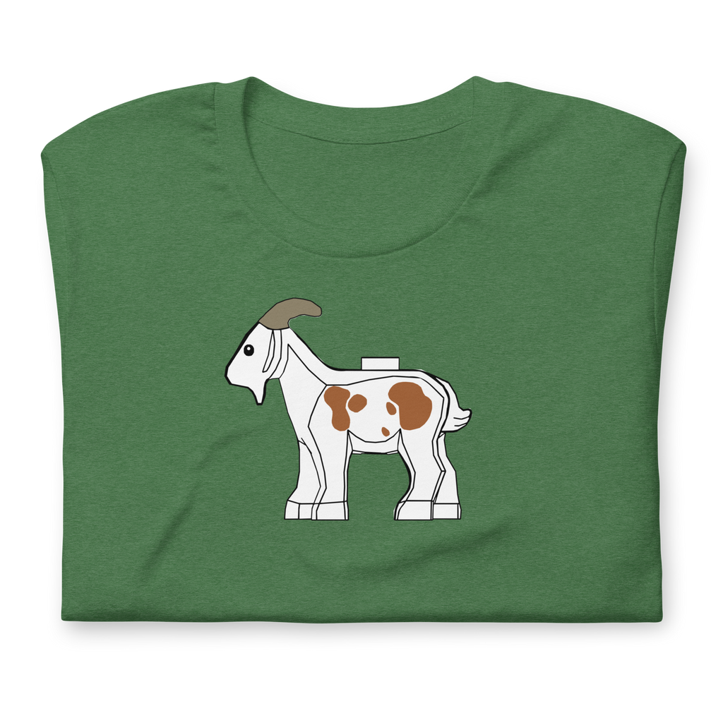 Folded heather green 100% airlume cotton t-shirt featuring classic fan-made original-style white brick goat with brown spots. Item is a BRKDrip AFOL essentials shirt with a vintage castle building blocks aesthetic.
