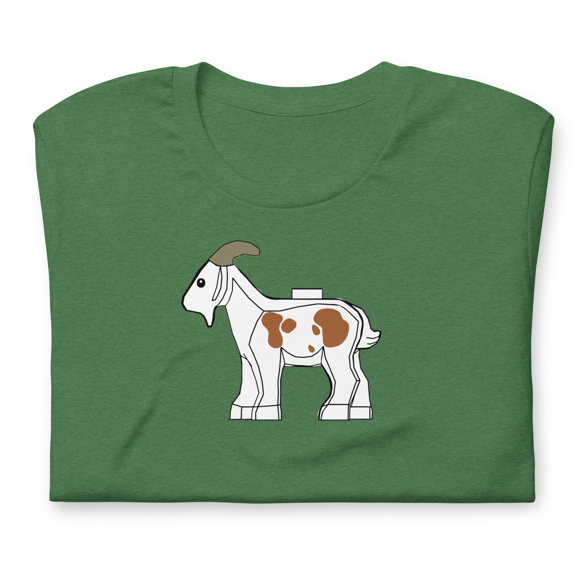 Folded heather green 100% airlume cotton t-shirt featuring classic fan-made original-style white brick goat with brown spots. Item is a BRKDrip AFOL essentials shirt with a vintage castle building blocks aesthetic.