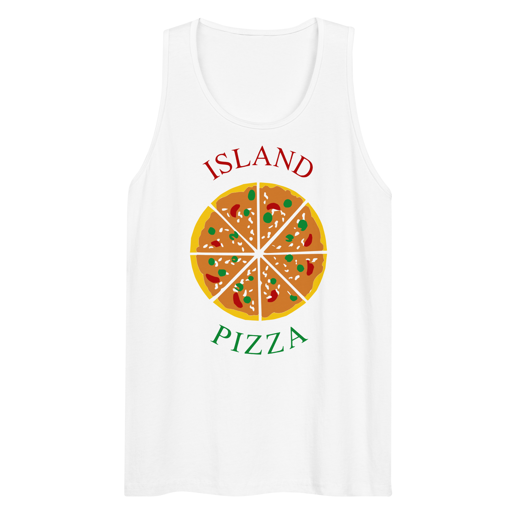 Wrinkled white 100% airlume cotton t-shirt featuring classic fan-made orange/yellow brick island pizzeria design. Item is a BRKDrip premium summer wear tank top with a classic town building blocks aesthetic.