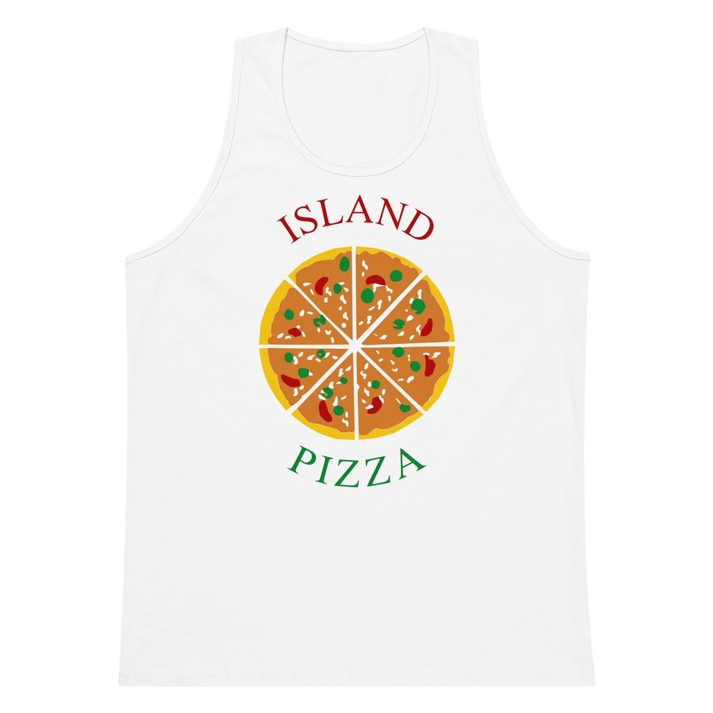 White 100% airlume cotton t-shirt featuring classic fan-made orange/yellow brick island pizzeria design. Item is a BRKDrip premium summer wear tank top with a classic town building blocks aesthetic.