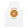 White 100% airlume cotton t-shirt featuring classic fan-made orange/yellow brick island pizzeria design. Item is a BRKDrip premium summer wear tank top with a classic town building blocks aesthetic.