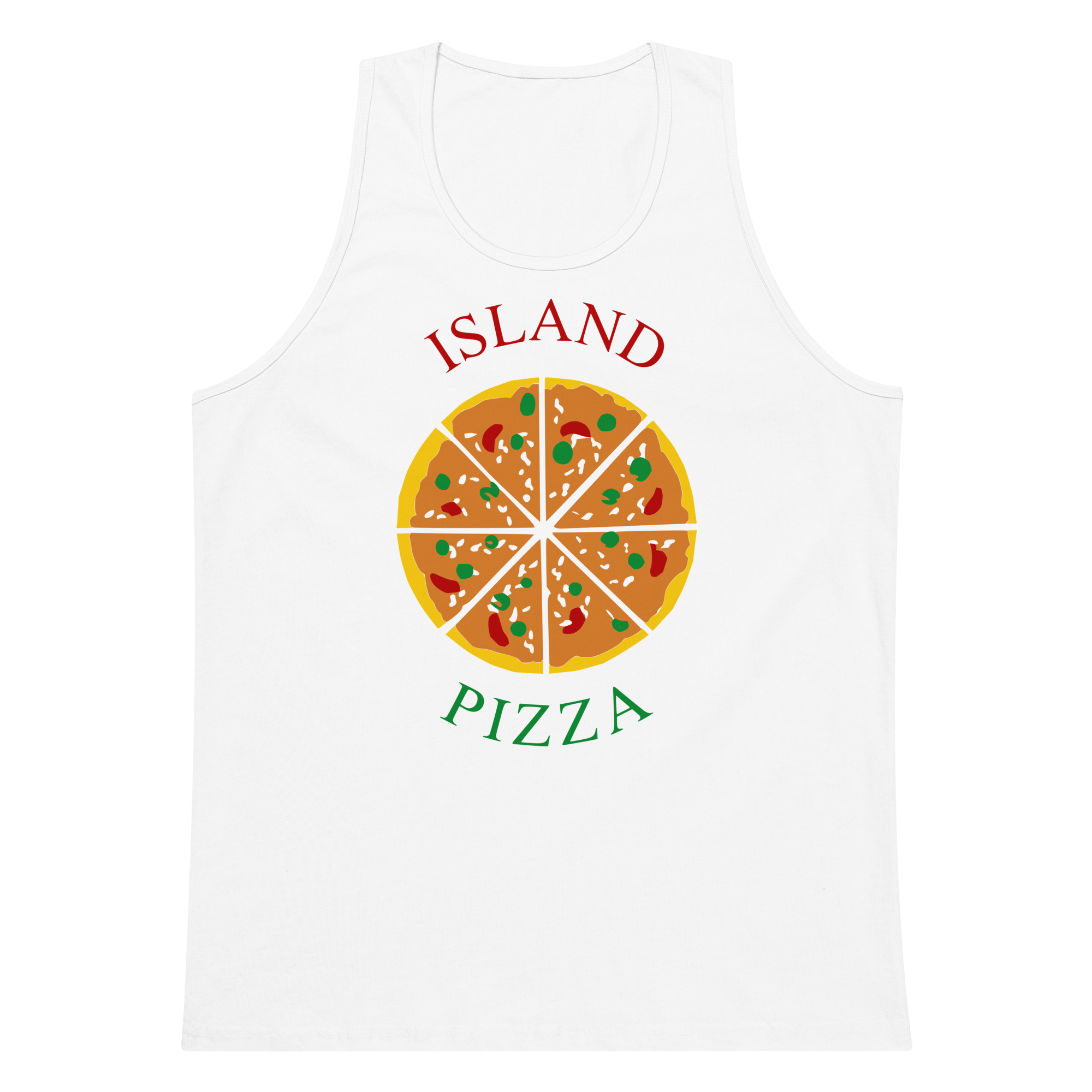White 100% airlume cotton t-shirt featuring classic fan-made orange/yellow brick island pizzeria design. Item is a BRKDrip premium summer wear tank top with a classic town building blocks aesthetic.