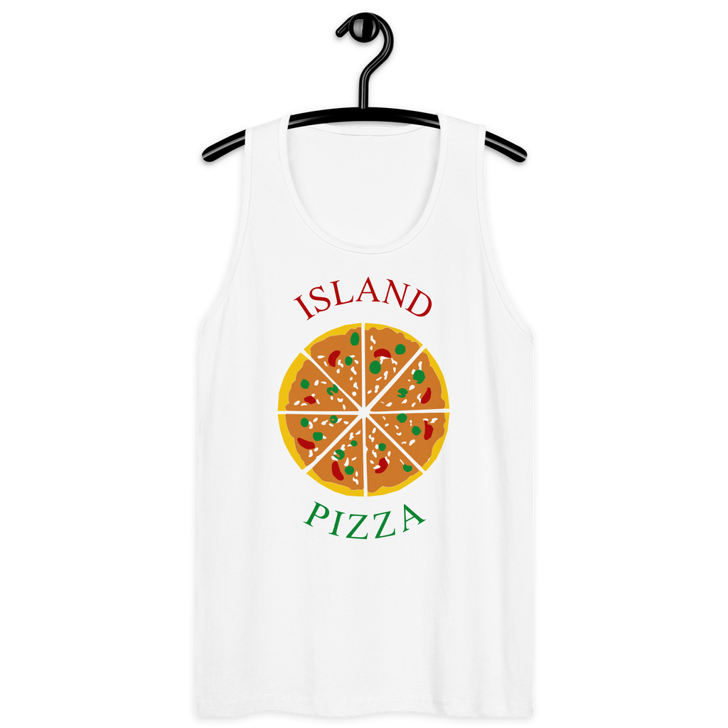 White 100% airlume cotton t-shirt featuring classic fan-made orange/yellow brick island pizzeria design on a hanger. Item is a BRKDrip premium summer wear tank top with a classic town building blocks aesthetic.