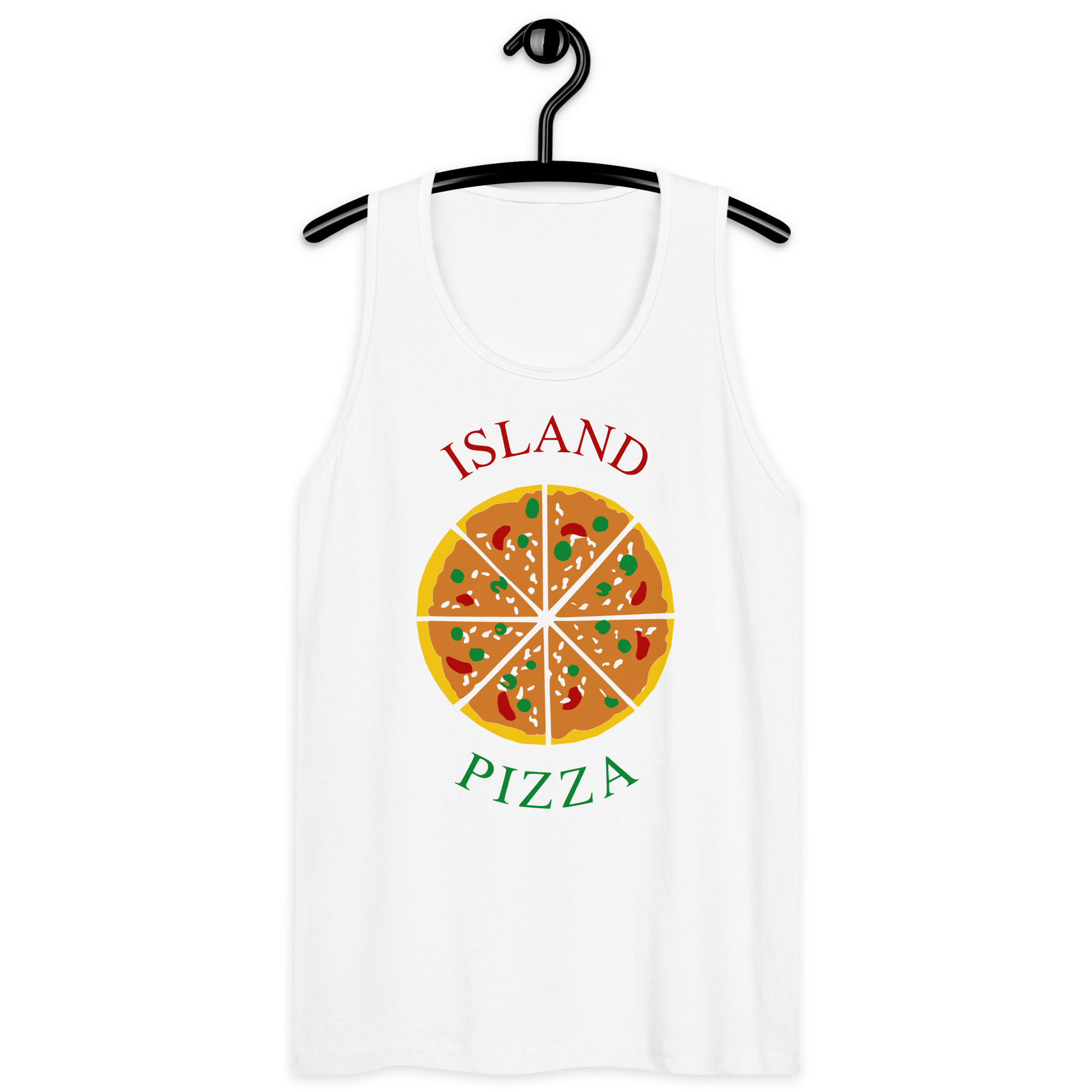 White 100% airlume cotton t-shirt featuring classic fan-made orange/yellow brick island pizzeria design on a hanger. Item is a BRKDrip premium summer wear tank top with a classic town building blocks aesthetic.