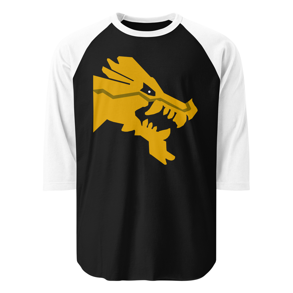 Black 100% cotton shirt with white 3/4 length sleeves featuring classic fan-made golden brick ninja dragon head design. Item is a BRKDrip retro collection baseball tee with a modern elemental brick master aesthetic.