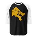 Black 100% cotton shirt with white 3/4 length sleeves featuring classic fan-made golden brick ninja dragon head design. Item is a BRKDrip retro collection baseball tee with a modern elemental brick master aesthetic.