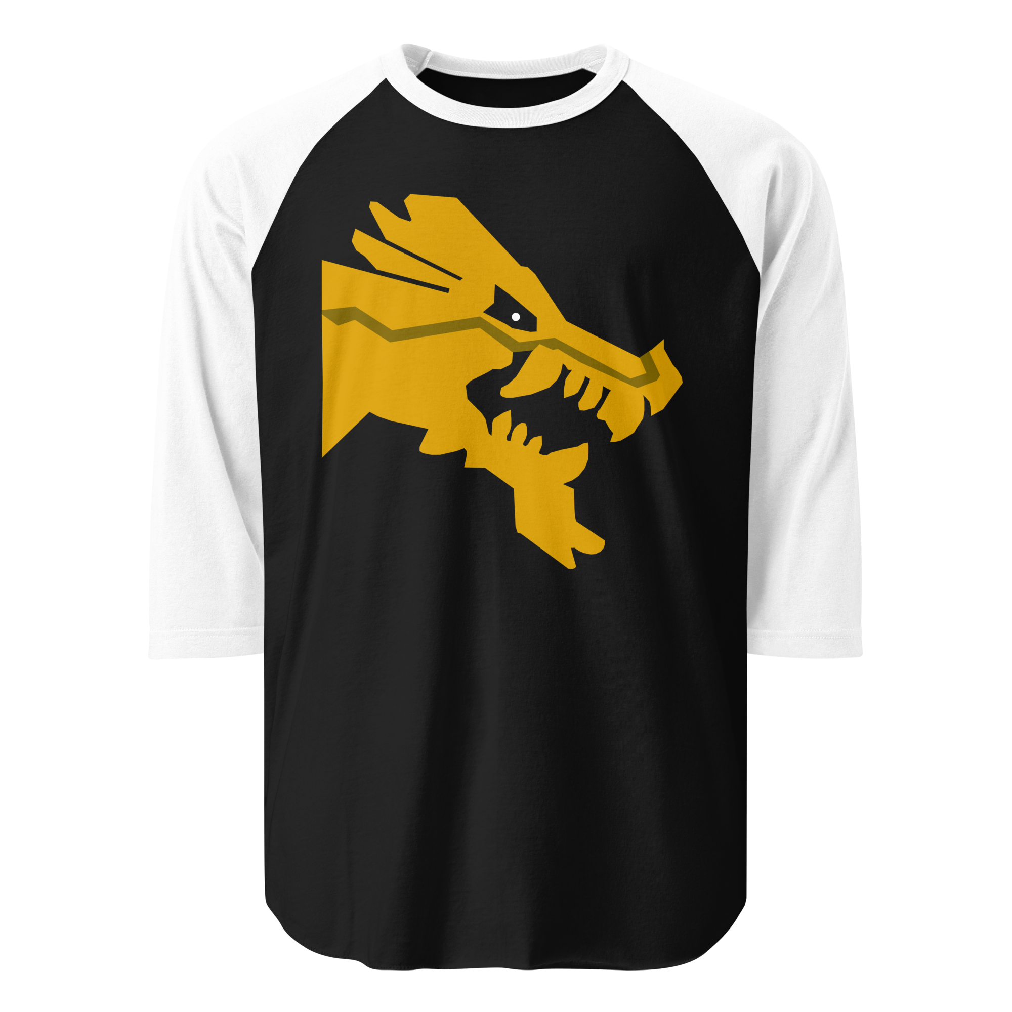 Black 100% cotton shirt with white 3/4 length sleeves featuring classic fan-made golden brick ninja dragon head design. Item is a BRKDrip retro collection baseball tee with a modern elemental brick master aesthetic.