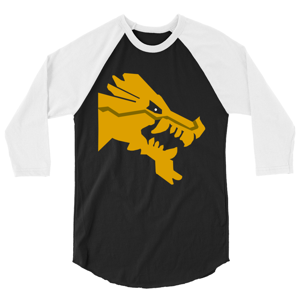 Flat view of black 100% cotton shirt with white 3/4 length sleeves featuring classic fan-made golden brick ninja dragon head design. Item is a BRKDrip retro collection baseball tee with a modern elemental brick master aesthetic.